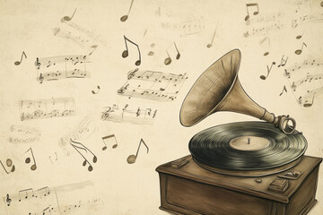 Illustration of a vintage gramophone with a spinning record, surrounded by delicate sheet music and musical notes floating in the air. The nostalgic design evokes a sense of old time elegance and