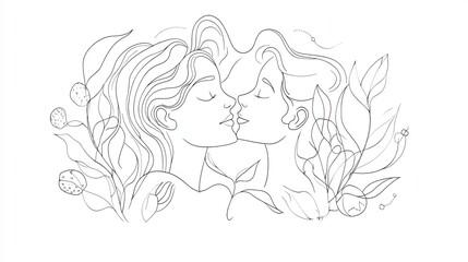 Minimalist Line Art of Two Women in Love with Floral Elements