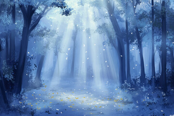 Obraz premium Illustration of a misty forest in the early morning, with dew on the leaves and soft beams of light filtering through the trees. The tranquil atmosphere of the scene invites calm reflection and a deep
