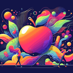 Fototapeta premium Colorful illustration of a large apple with vibrant shapes and figures in a surreal style