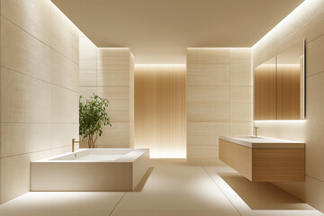 Serene Minimalist Bathroom Design: Modern Beige and Wood