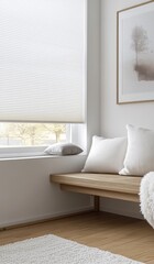 Cozy Corner in a Well-Lit Living Room Featuring Soft Cushions and Sheer Window Blinds, Perfect for Relaxation and Reading on a Peaceful Afternoon