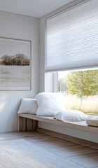 Cozy Corner in a Well-Lit Living Room Featuring Soft Cushions and Sheer Window Blinds, Perfect for Relaxation and Reading on a Peaceful Afternoon