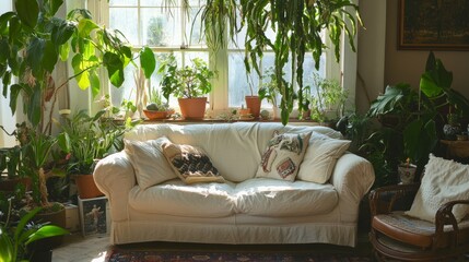 Cozy Indoor Living Room Adorned With Lush Greenery and Natural Light Streaming Through Large Windows