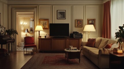 Cozy Living Room With Elegant Furnishings, Warm Lighting, and a Vintage Feel in a Serene Home Setting