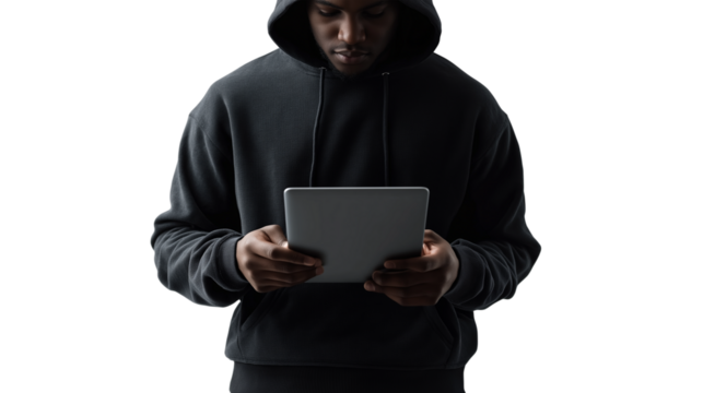 Software engineer in a casual hoodie, engaging and focused, startup ambiance, clean white background, isolated PNG