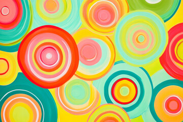 Illustration of concentric circles in various sizes, filled with bright, contrasting colors like coral, turquoise, and lime green. The repetition and vivid hues create a playful and energetic abstract