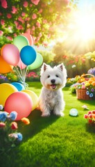 Obraz premium Happy Westie with Balloons in Colorful Garden