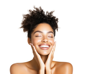 A beautiful woman with healthy, glowing skin is smiling joyfully, isolated on a white background