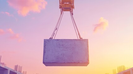 Construction Site at Sunset With Crane Lifting Concrete Block Surrounded by Scaffolding and Beams
