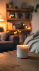 Cozy Living Room With a White Candle on a Wooden Table Near a Well-Decorated Bookshelf and Comfortable Seating in Soft Natural Light