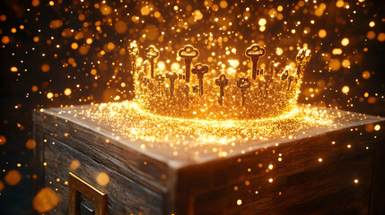 Golden key crown on wooden box, sparkling background, success concept, stock photo