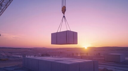 Construction Site at Sunset With Crane Lifting Concrete Block Surrounded by Scaffolding and Beams