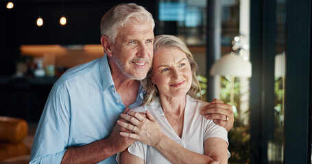 Window, bonding and couple in home, hug and mature people with love and romance for relationship....