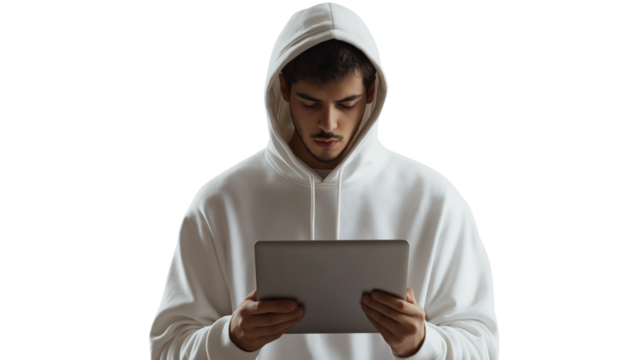 Software engineer in a casual hoodie, engaging and focused, startup ambiance, clean white background, isolated PNG