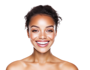 A beautiful woman with healthy, glowing skin is smiling joyfully, isolated on a white background