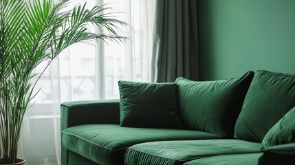 Cozy Living Room Featuring a Vibrant Green Sofa With Yellow Pillows and a Large Indoor Plant by a Sunlit Window During the Day