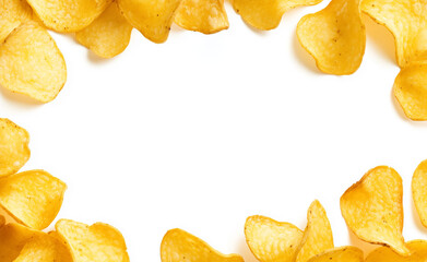 Frame of ridged potato chips isolated on white background