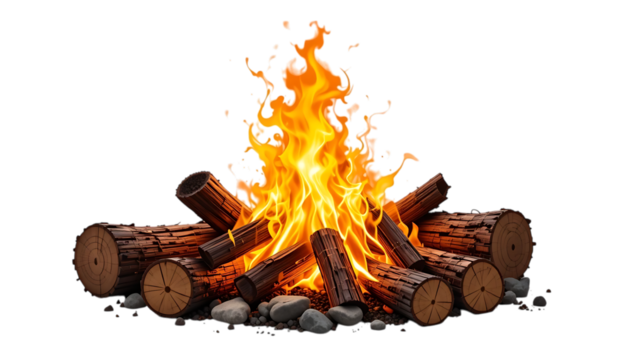 Realistic campfire logs burning vibrant flames creating warm ambiance png
