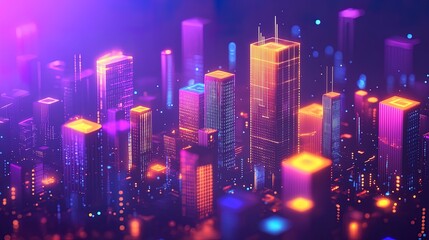 Fototapeta premium Financial growth visualized with dynamic data streams, glowing office buildings, and abstract business icons