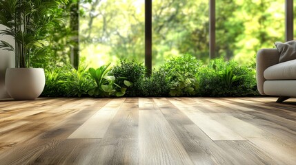 Cozy Living Room With Wooden Floor and Houseplants Creating a Serene Atmosphere in a Sunlit Space Surrounded by Nature