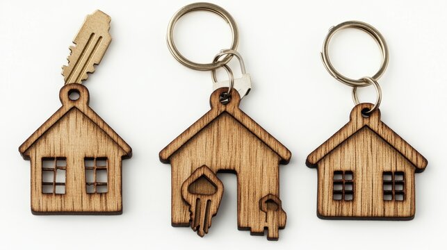 Decorative Wooden Keychains Shaped Like Houses, Ideal for Gifting or Personal Use, Showcasing Craftsmanship and Creativity