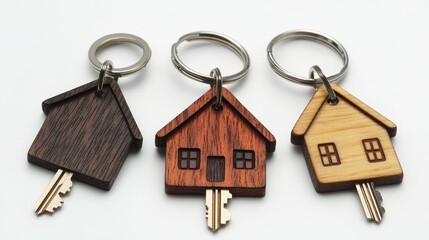 Decorative Wooden Keychains Shaped Like Houses, Ideal for Gifting or Personal Use, Showcasing Craftsmanship and Creativity