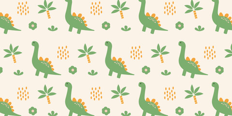 childish pattern with cute dinosaurs seamless pattern for backgrounds, presentations, wrapping papers, prints, artworks. Vector illustration	