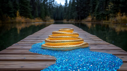 Golden spiral sculpture on lake dock, autumn forest background; art, nature