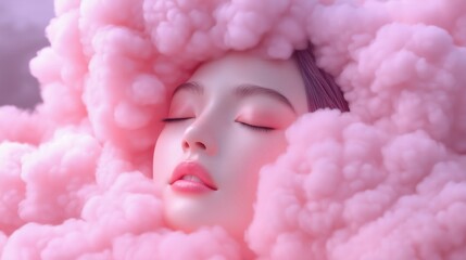 A dreamy portrait of a young woman surrounded by soft pink clouds, evoking a sense of tranquility and serenity. Perfect for wellness, beauty, and self-care campaigns.