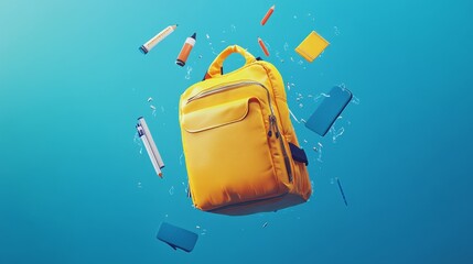 Floating Yellow Backpack Surrounded by School Supplies Against a Bright Blue Background Creates a Lively and Energetic Atmosphere