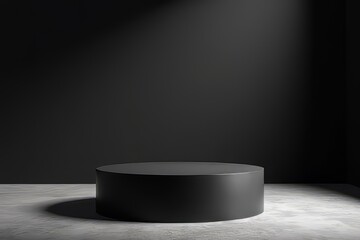 Empty Black Cylinder Display Podium on Concrete Floor - Modern Minimalist Product Showcase