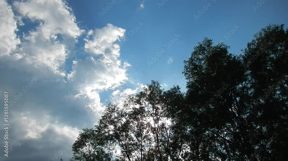 Poster sky with moving clouds, sun, large amount of pollen floating in air during flowering of trees and gr
