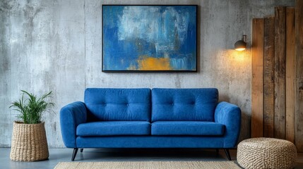Modern Living Room with Blue Sofa and Abstract Art