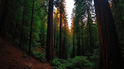 Naklejka premium Majestic redwood forest with towering trees and earthy scent