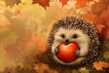 Illustration of a small hedgehog curled up into a tiny ball, holding a bright red apple with its tiny paws. The soft, textured fur and little beady eyes make it look adorable, perfect for a whimsical