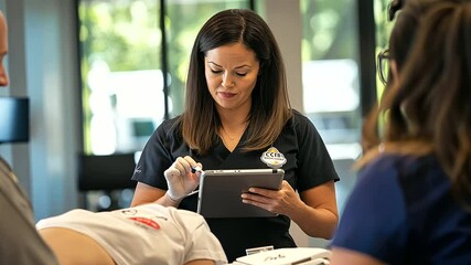 Instructor demonstrates CPR techniques using tablet to class