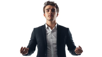 AI researcher, dressed in a sleek smart-casual outfit, modern tech-focused expression, futuristic setting, white background, isolated PNG