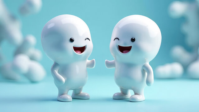 Kind white ceramic 3d ceramic microorganisms lactobacilli, beneficial bacteria laughing, holding hands on light blue background, concept cute picture for kids