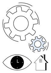 Large and small gear designs, an eye with a clock, and a house outline symbolizing productivity, time management, home systems, innovation, and life balance. Ideal for teamwork, workflow innovation