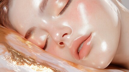 Fototapeta premium A close-up of a young woman with soft, glowing skin, creating a serene, ethereal vibe with gentle light reflecting off her face. Perfect for beauty, skincare, or relaxation-themed websites, ads, or a