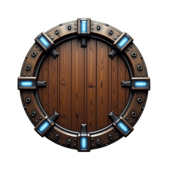 Naklejka premium A Futuristic Wooden Portal with Glowing Blue Lights