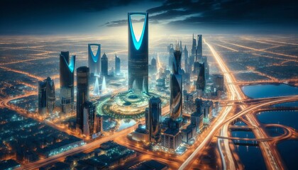 Nightscape of Saudi Arabia Riyadh skyline featuring Kingdom Center and Kingdom Tower