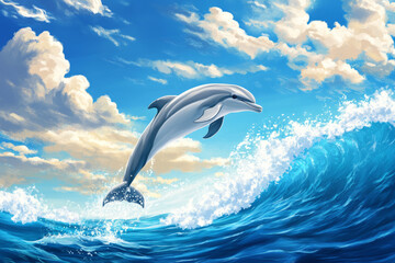 Illustration of a playful dolphin leaping out of the ocean waves, with a bright blue sky and fluffy clouds overhead. The joyful energy of the dolphin and the refreshing ocean atmosphere create a