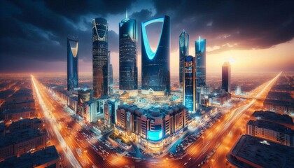 Panoramic night view of Riyadhs business district Saudi Arabia