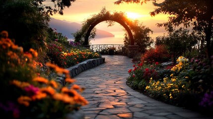 Sunset Garden Path: A Serene Landscape