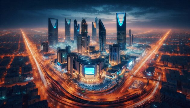Panoramic night view of Riyadhs business district Saudi Arabia