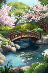 Illustration of a tranquil Japanese garden with a wooden bridge arching over a koi pond. Lush green trees, blooming cherry blossoms, and the sound of gently flowing water create a peaceful and