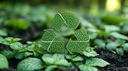 Green recycle symbol on lush foliage, nature background; eco-friendly concept