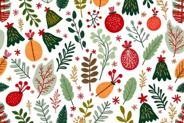 Festive Floral Christmas Pattern Design with Leaves, Berries, and Ornaments